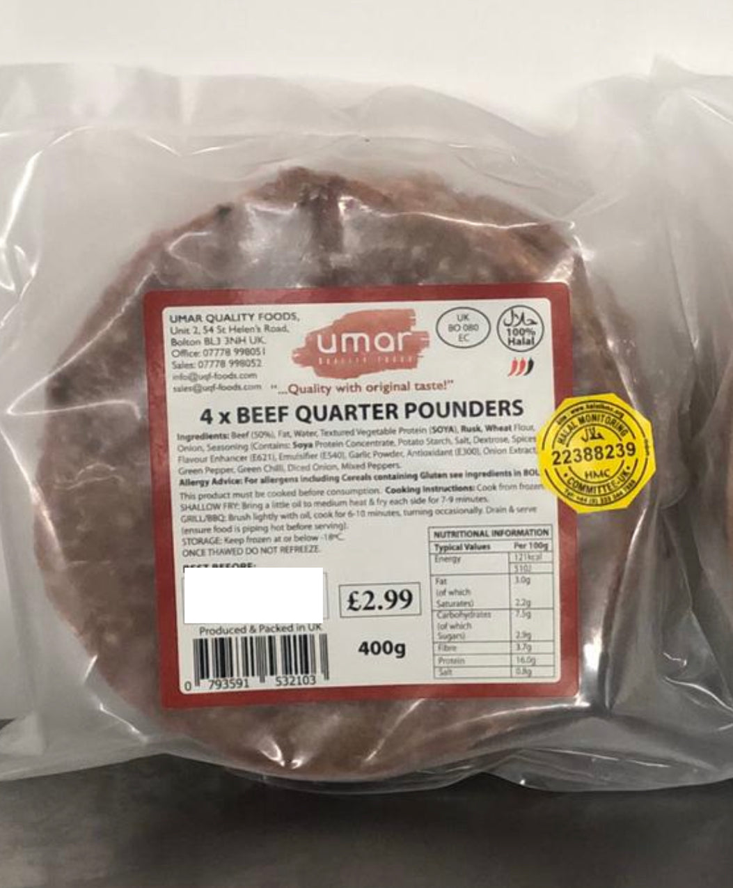 Umar QF Beef Quarter Pounders 4pk